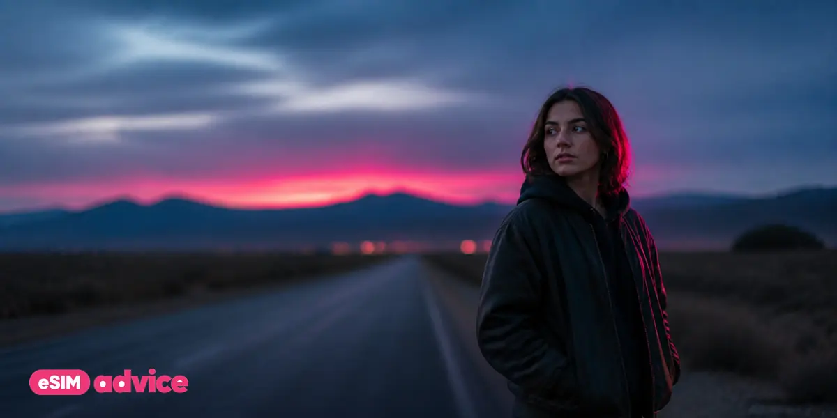 A long empty road at blue hour with a magenta horizon glow