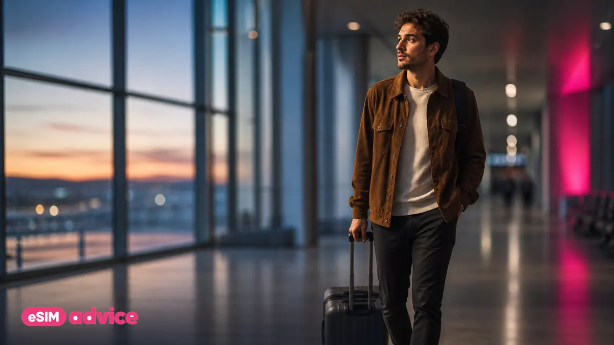 A traveller walking through an arrivals hall at dawn