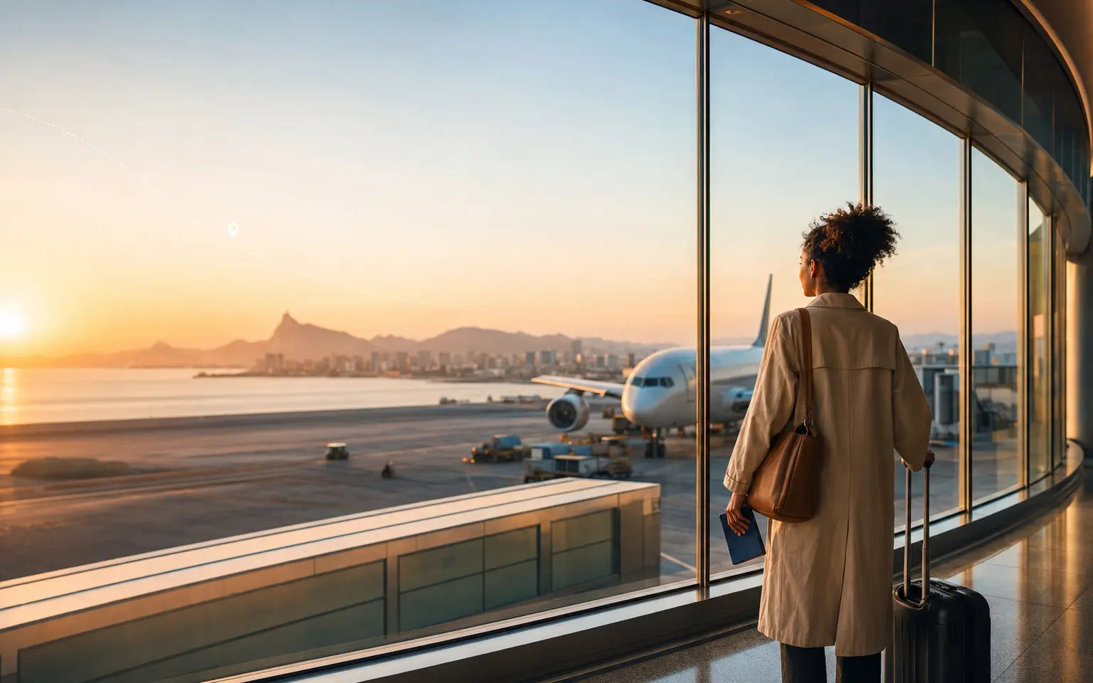 Traveller looking out over an airport runway at sunrise