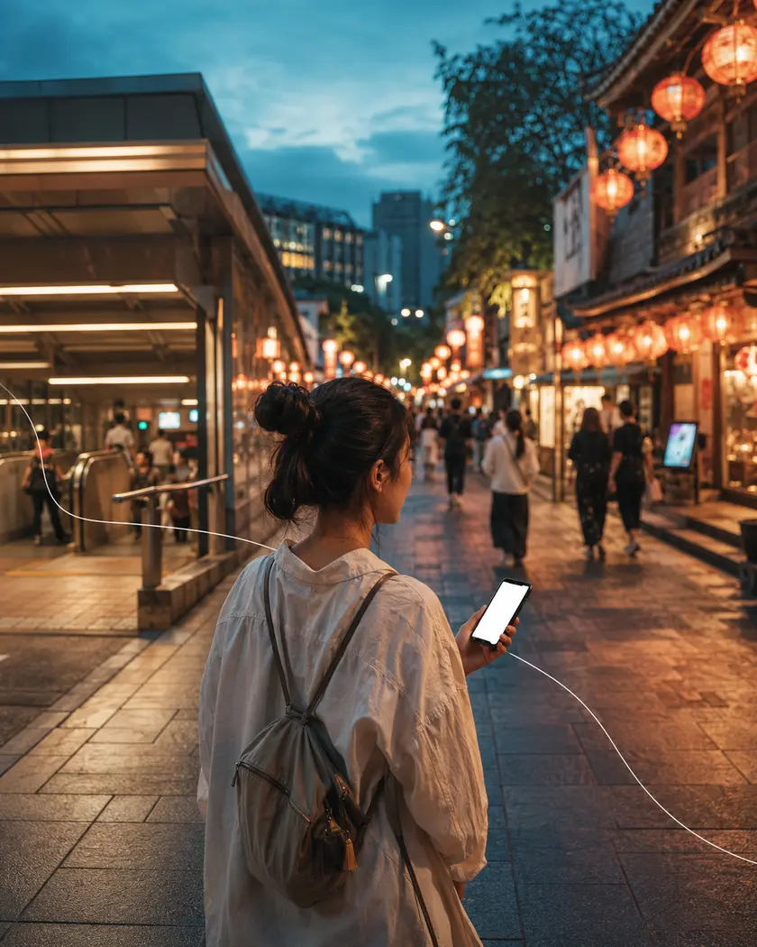 Traveller arriving in an Asian city at dusk