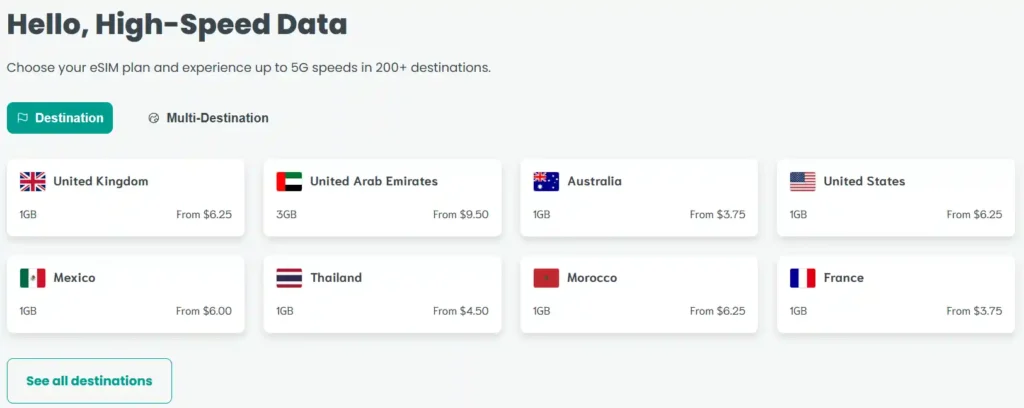 Sim Local esim destinations & plans 